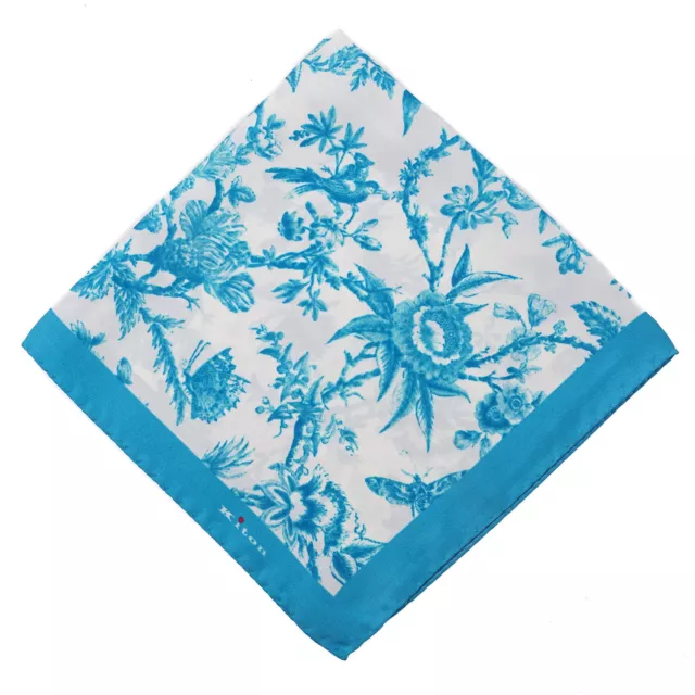 Kiton Napoli Turquoise Blue Victorian Floral Print Silk Pocket Square