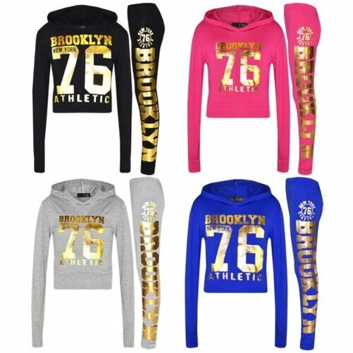 Bambini Brooklyn Corto Maglia con Cappuccio Set Oro Felpa Leggings Ragazze