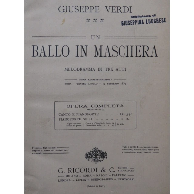VERDI Giuseppe Un Ballo in Maschera Opéra Piano Chant