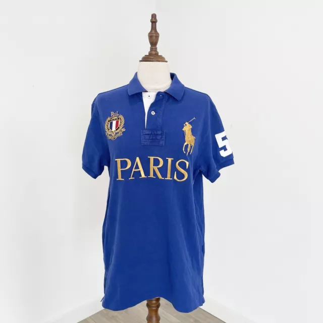 Polo Ralph Lauren Blue Short Sleeve Custom Fit PARIS Big Pony Polo Shirt Size M