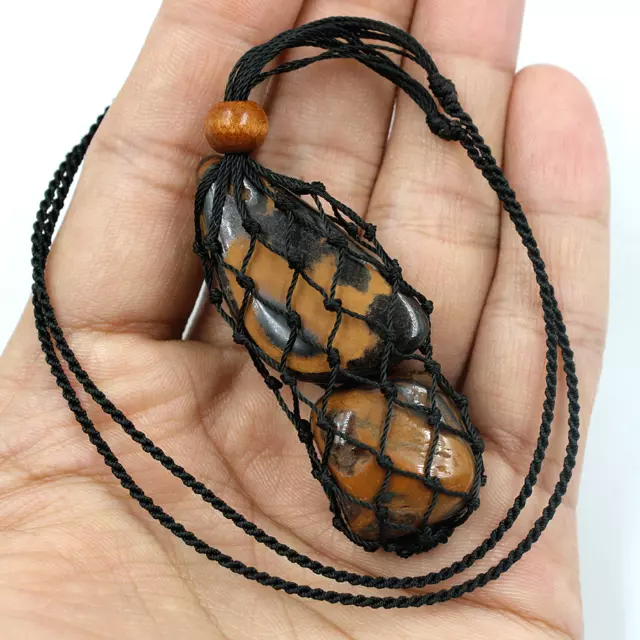 Natural Tiger Eye Interchangeable Pouch Hemp Bohemian Macrame Necklace Pendant