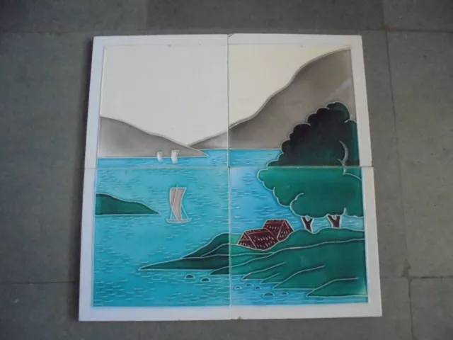 4 Pc Vintage Natural Lake Scenery Design T.S Trademark Ceramic Tiles,Japan