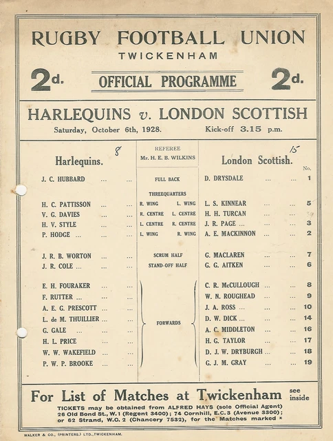 HARLEQUINS V LONDON SCOTTISH 6 Oct 1928 RUGBY PROGRAMME £59.89 ...