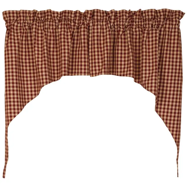 New Primitive Farmhouse Cranberry BURGUNDY TAN CHECK SWAGS Cafe Curtains