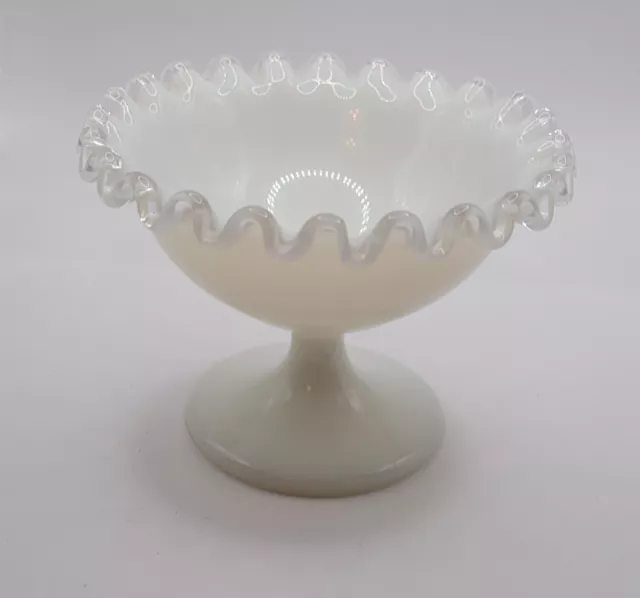 Vintage Fenton Compote Candy Nut Dish Silver Crest Ruffled Edge White Milkglass