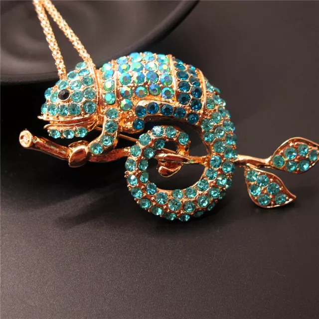 Betsey Johnson Blue Rhinestone Bling Branch Gecko Crystal Pendant Chain Necklace 3