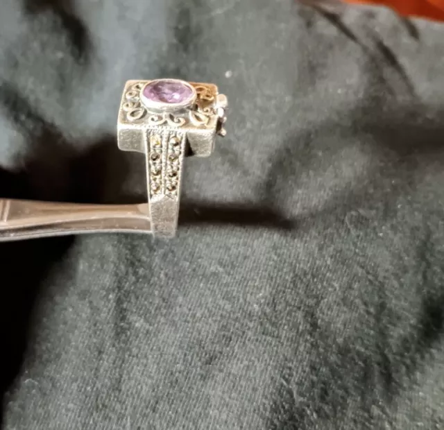 Sterling Silver Purple Amethyst and Marcasite Pill Box Hidden Compartment Ring