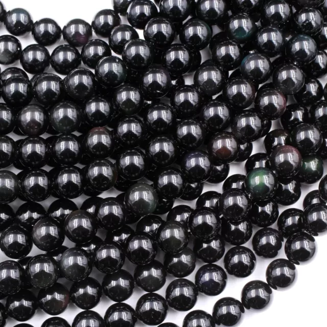 Real Genuine Black Obsidian Gemstone Round Smooth Beads Strand 15.5"