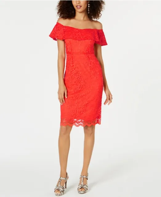 Thalia Sodi Women's Floral Lace Off-the-Shoulder Sheath Dress Rich Coral Size M