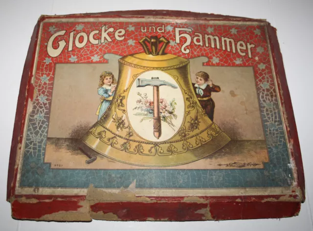 Antik Gesellschaftspiel Glocke und Hammer 5 Karten 37 Münzen