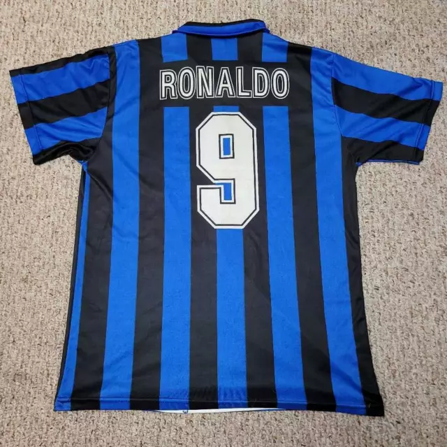 Inter Milan Ronaldo #9 Men Football Soccer Jersey Blue Stripe Short Sleeve XL