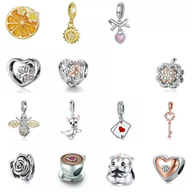 Wostu European 925 Sterling Silver Love Heart Flower Paw Bee Charm Bead Bracelet