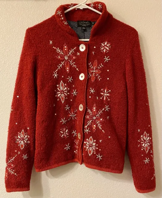 Vintage Icelandic Red Wool Blend Cardigan Sweater Nordic- Small