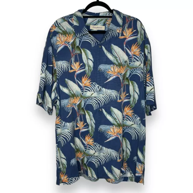 Tommy Bahama Men's Size XLT Silk Hawaiian Shirt Blue Tropical Bird of Paradise