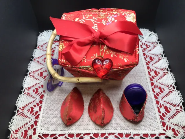 Chinese Red Silk Take Out Box/Purse Bamboo Handle 3 Silk Fortune Cookie Pouches
