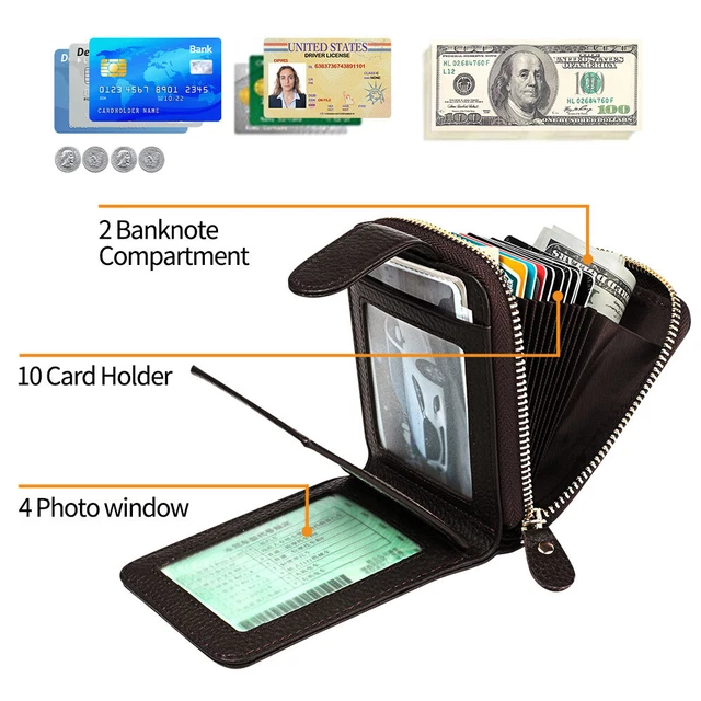 Men Women Wallet Genuine Leather RFID Zip Around Bifold Credit Card Holder Purse 23