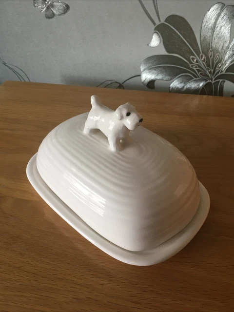 ¡Raro coleccionable! Plato de mantequilla de cerámica blanca CATH KIDSTON Billie para perro
