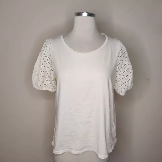 J. Crew Eyelet Embroidered Sleeve Shirt Medium Womens White Cotton Tee