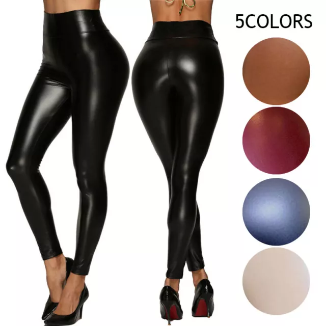 Women PU Leather Wet Look Faux Pants Trousers Sexy Stretch Solid Casual Legging^