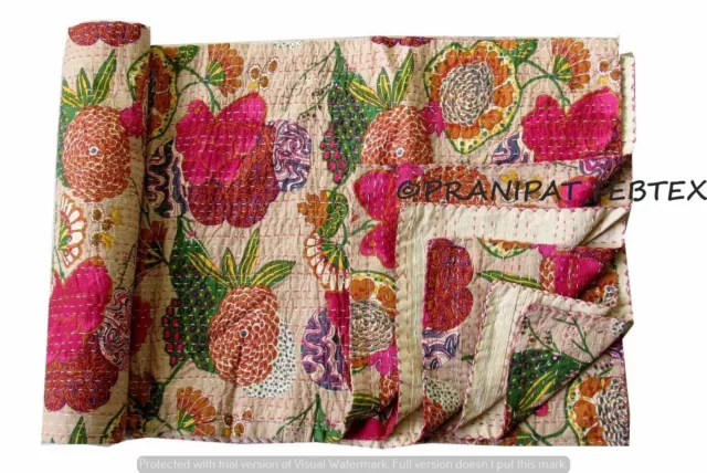 Indien Kantha Couette Imprimé Tropical Beige Reine Coton Couvre-Lit Jeté de Lit