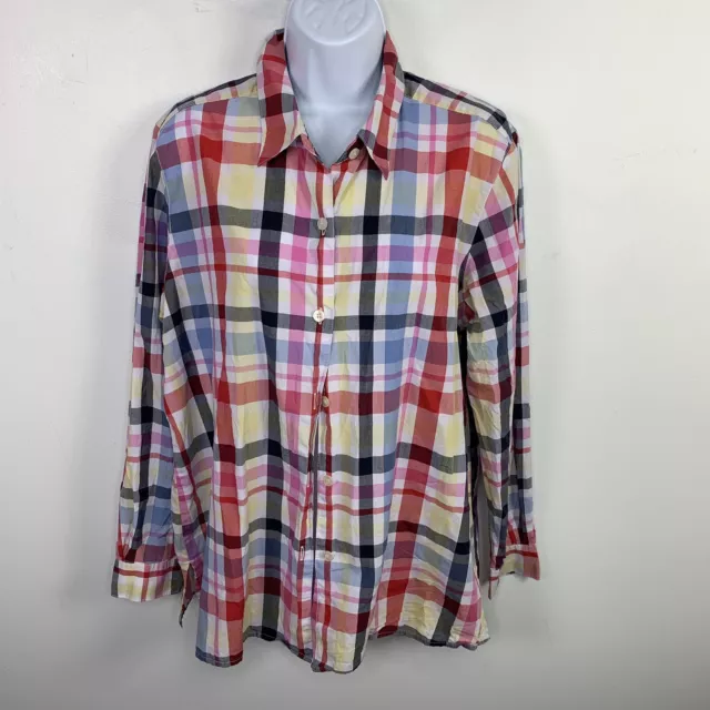 Village Sport Liz Claiborne Women Top Sz L Multicolor Madras Plaid Button Front