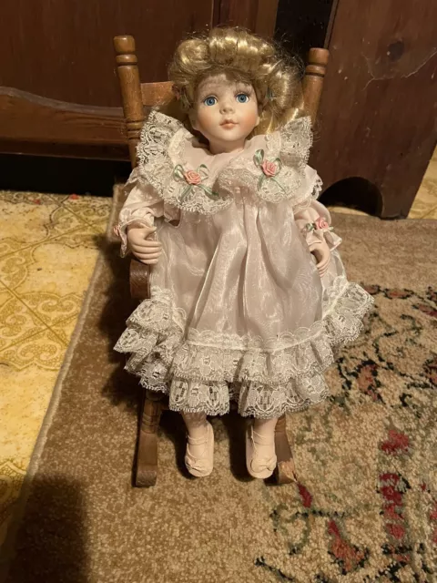 Vintage Porcelain Doll with Rocking Chair Very Nice 💎🪑