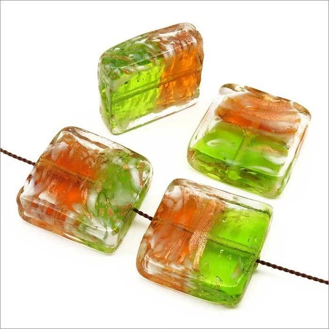 Lot de 4 Perles Artisanales Verre Lampwork Carrées 20mm Vert Marron feuille d'or