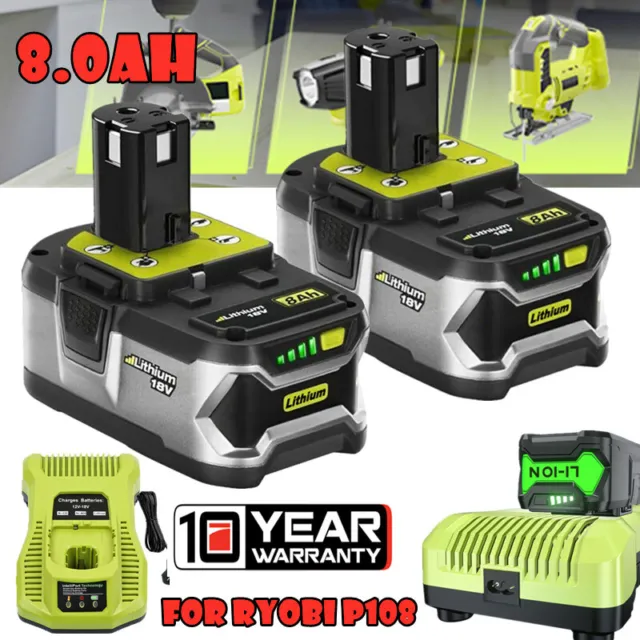 2X 18V 8.0Ah Lithium Genuine Battery For RYOBI P108 ONE+ PLUS P103 P107/ Charger