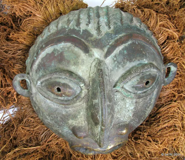 Benin Tribal Art African Bronze Ceremonial Mask with Grass Bamun E. 20th cent.