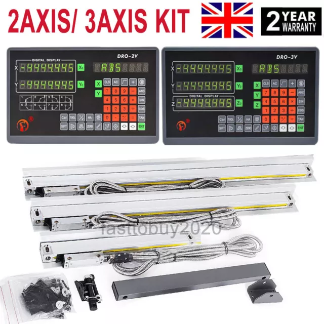 2/3 Axis DRO Digital Readout+5um Linear Glass Scale full Kit for Mill Lathe UK