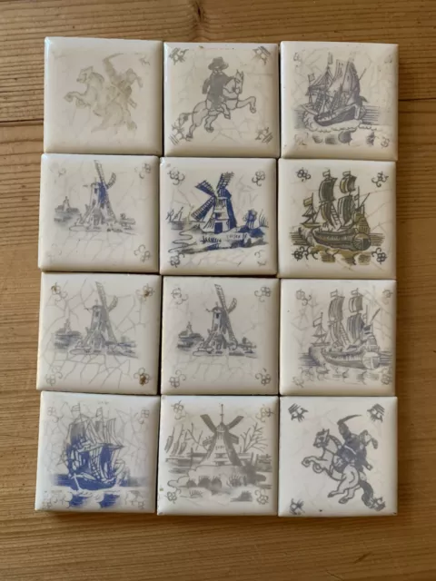 12x Alte Fliesen Kacheln Delfter Stil Blau Weiß 4x4 cm