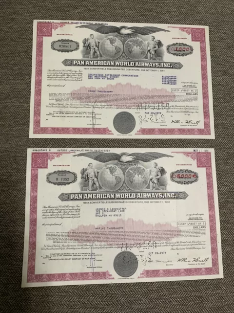 (Lot of 2) Pan American World Airways - Pan Am BOND 1k, 5k