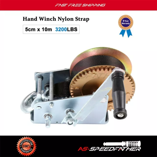 3200lbs Dual Gear Hand Crank Winch Nylon Strap 33ft ATV Boat Trailer