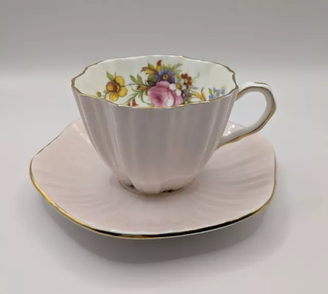 Foley Bone China Footed Teacup & Saucer EB 1850 Pink Scalloped Made In England