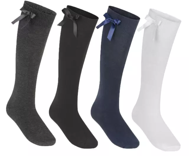 4 PAIRS Ladies Girls Knee High School Socks With Bow BLACK, NAVY, GREY, WHITE