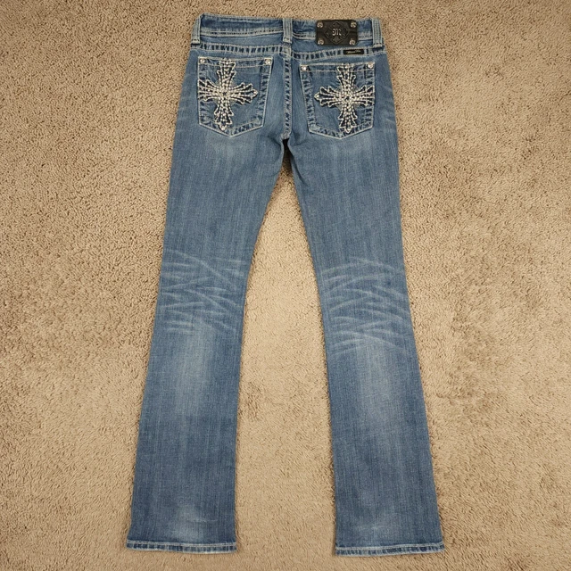 Miss Me JP5072 Boot Jeans 28 (30x34) Blue Denim Flare Thick Stitch Cross *Read Miss Me JP5072 Boot Jeans 28 (30x34) Blue Denim Flare Thick Stitch Cross *Read