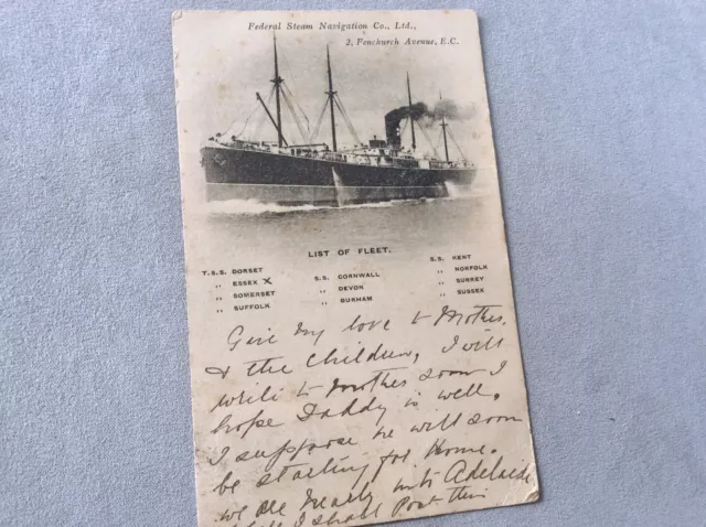 FSN Federal Steam Navigation Co ESSEX Steam Ship Postcard, Postmarked Adelaide