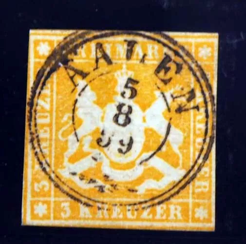 1857 Württemberg Stpl.; "AALEN 5/8/59", K3 zent gutrandiger 3 Kr, MiNr. 7a