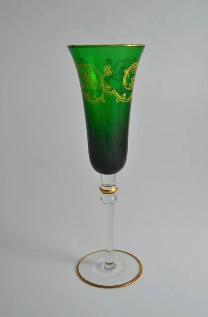 N6701s FAVOLOSO FLUTE BICCHIERE VERDE IN VETRO E ORO