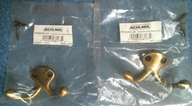 Schlage SPS582MB-609 Double Wardrobe Hook, Antique Brass Finish, Lot of 2, FS