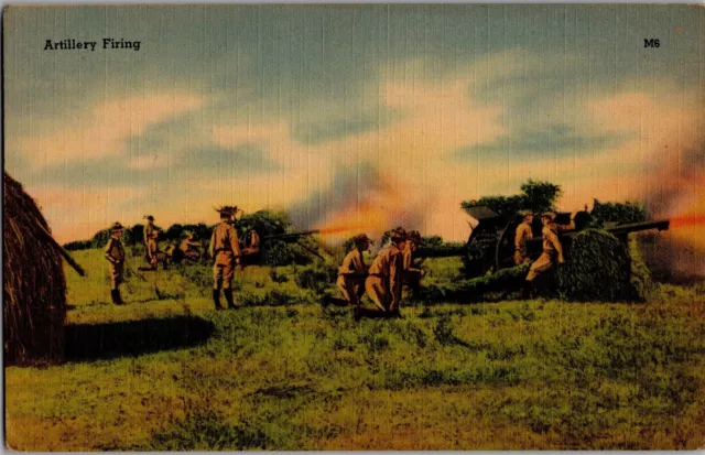 1940s U.S. Army Artillery Firing Vintage Linen Postcard Unposted