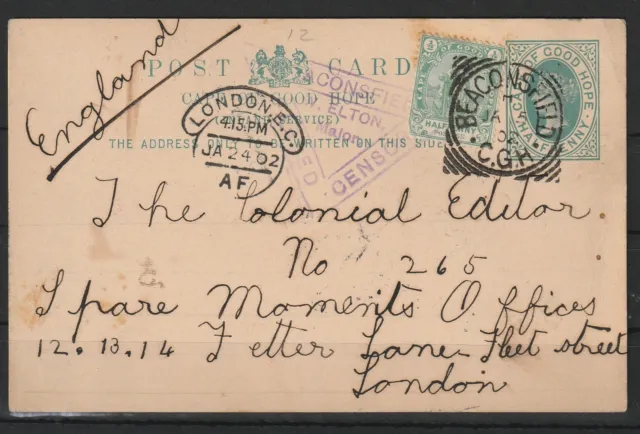 Kap der guten Hoffnung Ganzsache Karte + ZuF Beaconsfield - London, Zensur 1902