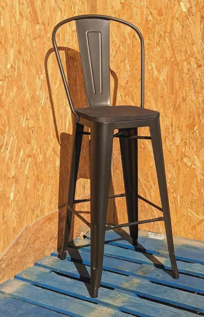 New Tolix Tarnished Bar Stool Wood Seat Round Metal Back Bistro Restaurant Cafe