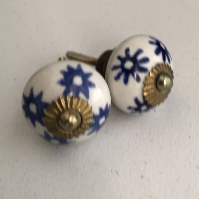 Porcelain Ceramic Drawer Cabinet Knobs with Screws Blue Stars Design Set 2