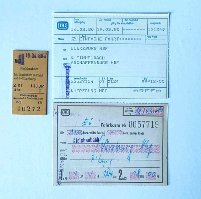 3  DB-Fahrkarten von und nach Kleinheubach (versch. Formate) aus dem Jahr 1980