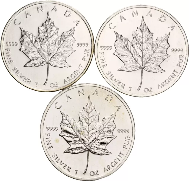 Künker: Kanada, 3 x 5 Dollar 2007, Maple Leaf,  je 1 Unze Feinsilber