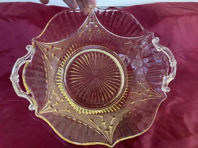 1920's Lancaster Glass Dart Yellow Serving Bowl w/ Handles Depression Glass