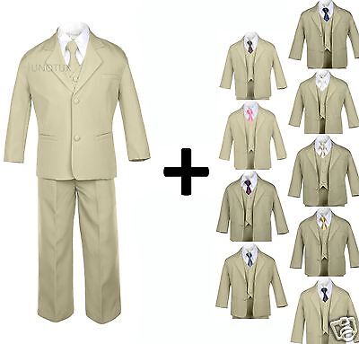 Boy Kid Teen Formal Wedding Prom Tuxedo Boy Suit Khaki + Tie 6pcs Set size: 5-20