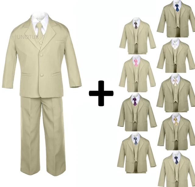 Boy Kid Teen Formal Wedding Prom Tuxedo Boy Suit Khaki + Tie 6pcs Set size: 5-20