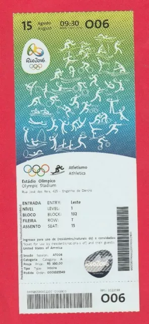 Orig.Ticket  Olympische Spiele RIO DE JANEIRO 2016 - Leichtathletik 15.08. / B !